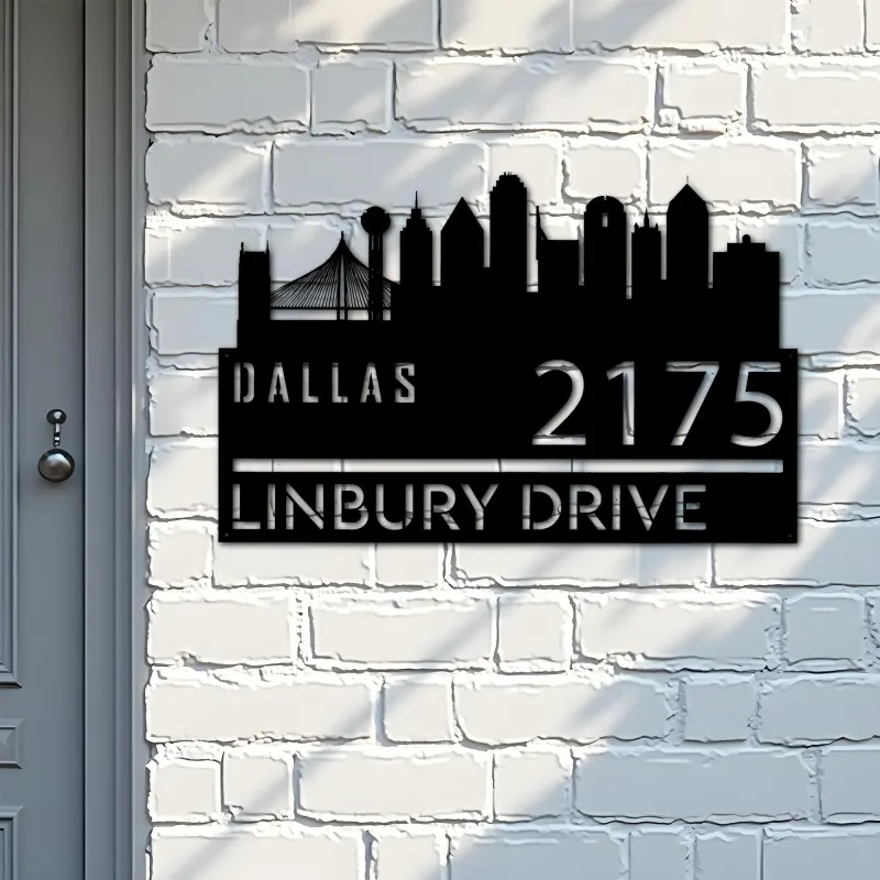 Custom Metal Dallas city skyline Metal Address Sign Hanging Address Plaque house number Yard Outdoor Sign