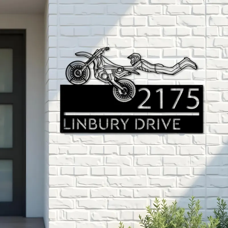 Custom Metal Motocross dirtbike biker Metal Address Sign, House number, Outdoor Number Signage, Yard Sign Address Plate