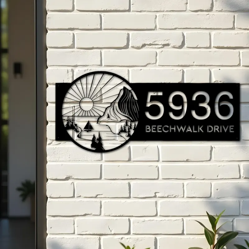 Custom Metal Sun mountain river scene Metal Address Sign, House number, Outdoor Number Signage, Yard Sign Address Plate