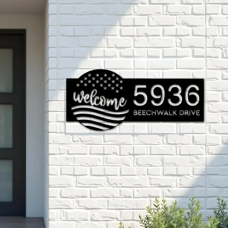 Custom Metal Welcome US flag 4th of July Metal Address Sign House number Hanging Address Plaque Yard Sign Outdoor decor