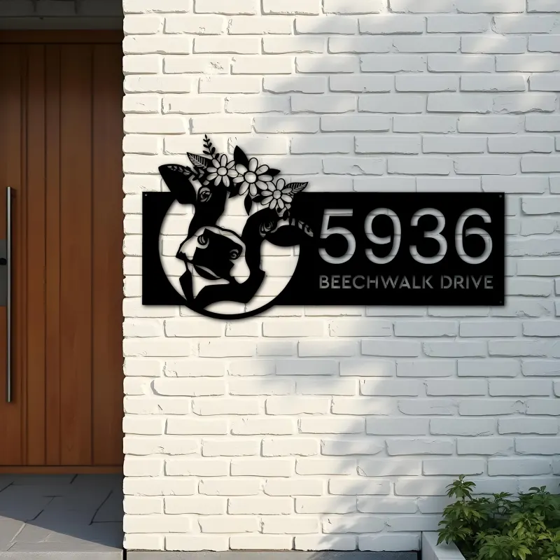 Custom Metal Floral Cow Ranch farmhouse farm animal Metal Address Sign, House number, Outdoor Number Signage, Yard Sign Address Plate