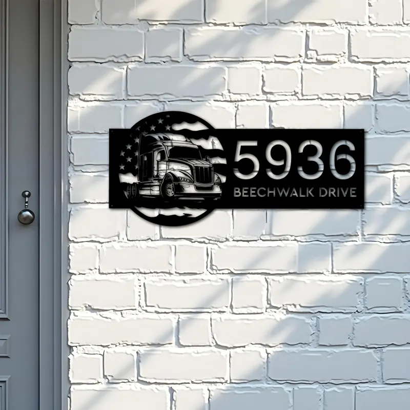 Custom Metal Semi truck on US flag trucker driver Metal Address Sign, House number, Outdoor Number Signage, Yard Sign Address Plate