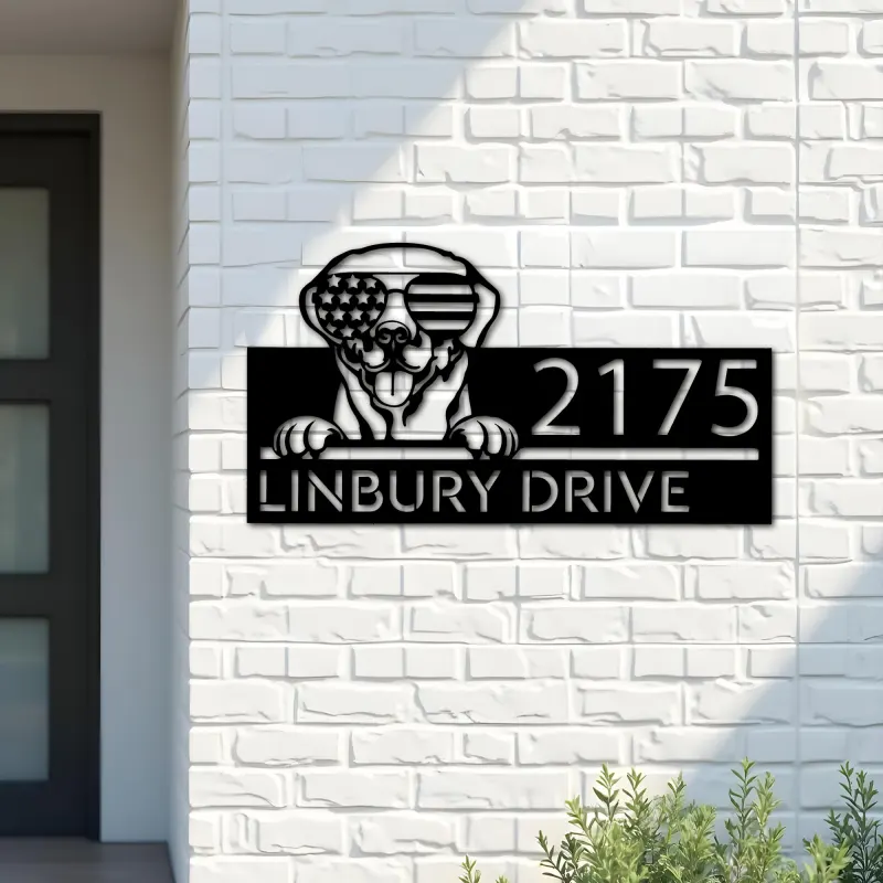 Custom Metal Labrador dog US flag glasses Metal Address Sign House number Hanging Address Plaque Yard Sign Outdoor decor