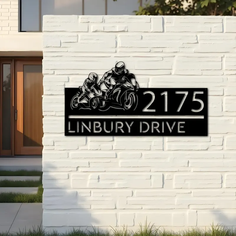 Custom Metal Father and son biker Metal Address Sign, House number, Outdoor Number Signage, Yard Sign Address Plate
