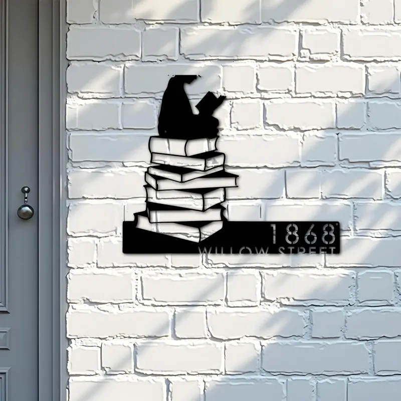 Custom Metal Girl Reading Book Book Lover Metal Address Sign, House number, Outdoor Number Signage, Yard Sign Address Plate