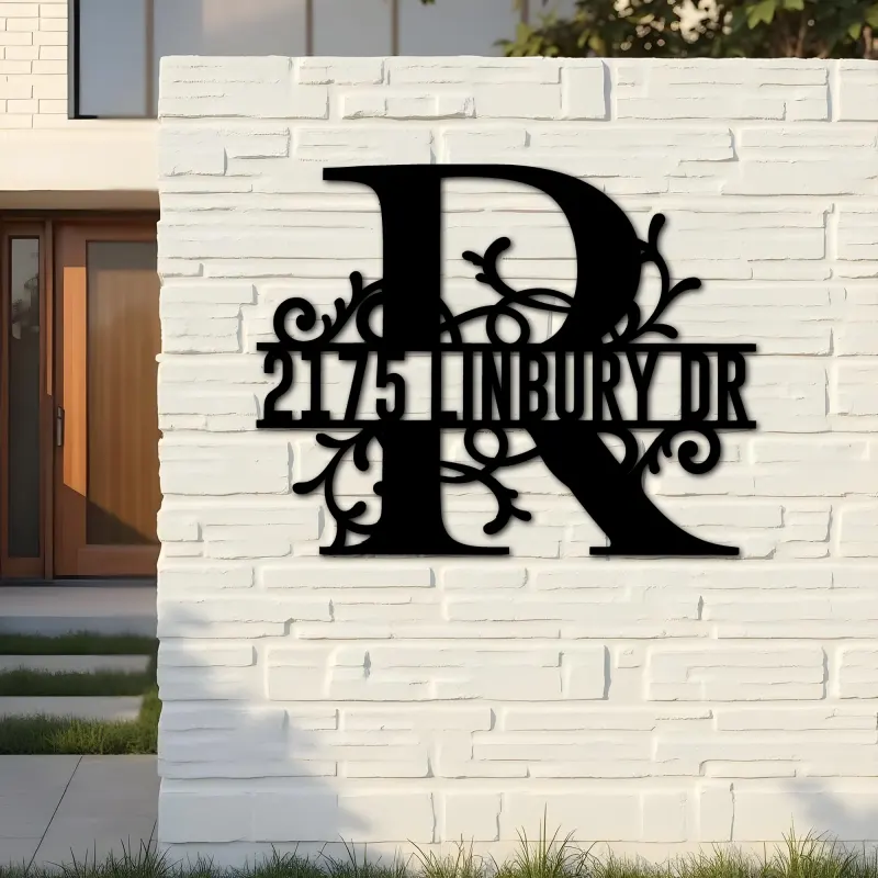 Custom Metal Floral Monogram Split Letter R Metal Address Sign House number Hanging Address Plaque Yard Sign Outdoor decor