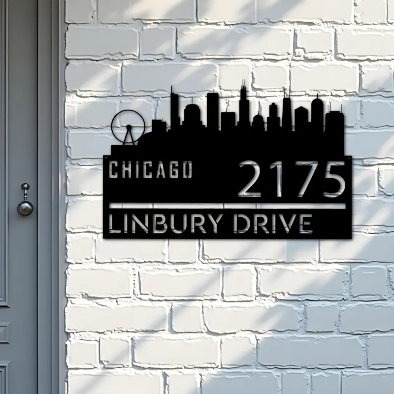 Custom Metal Chicago city skyline Metal Address Sign Hanging Address Plaque house number Yard Outdoor Sign