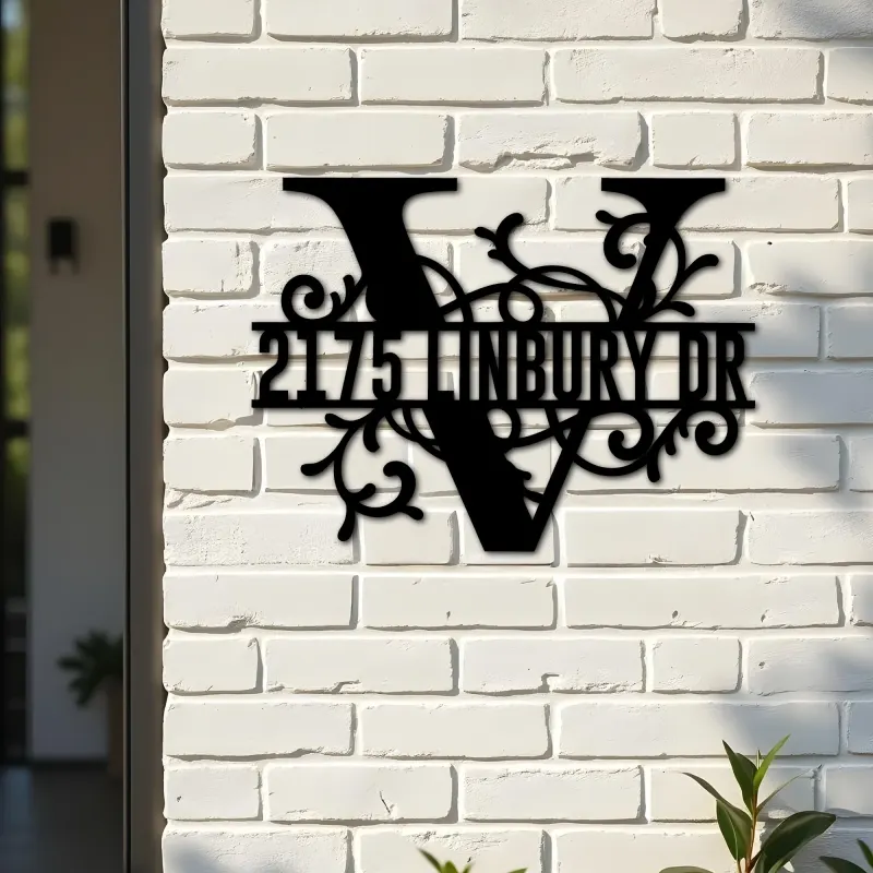 Custom Metal Floral Monogram Split Letter V Metal Address Sign House number Hanging Address Plaque Yard Sign Outdoor decor