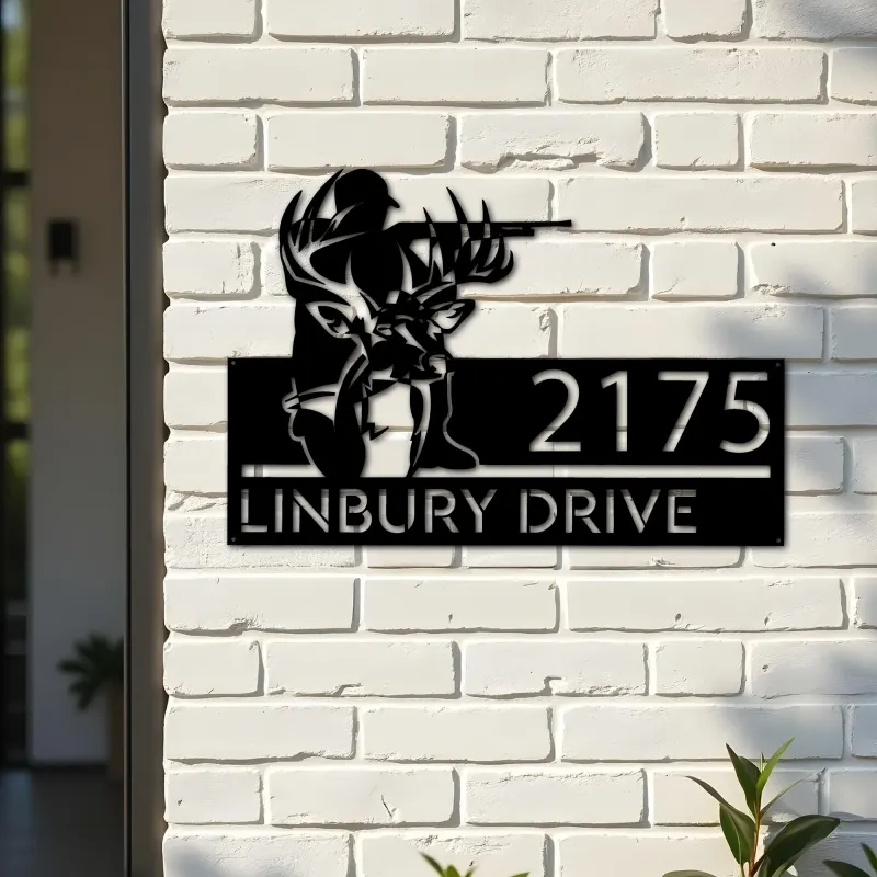 Custom Metal Deer hunter deer hunting Metal Address Sign, House number, Outdoor Number Signage, Yard Sign Address Plate