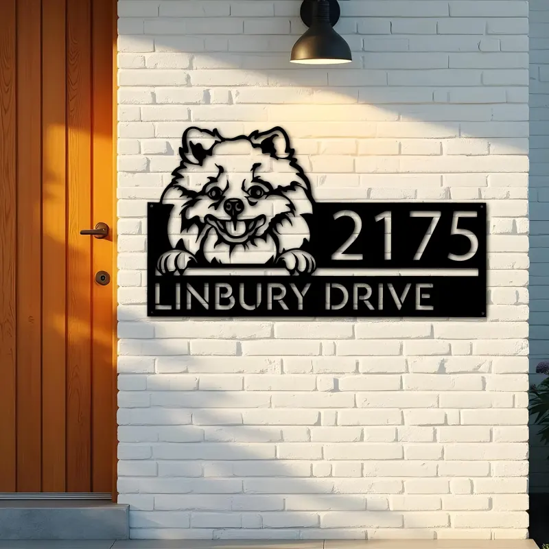 Custom Metal Pomeranian dog Cute puppy Metal Address Sign House number Hanging Address Plaque Yard Sign Outdoor decor