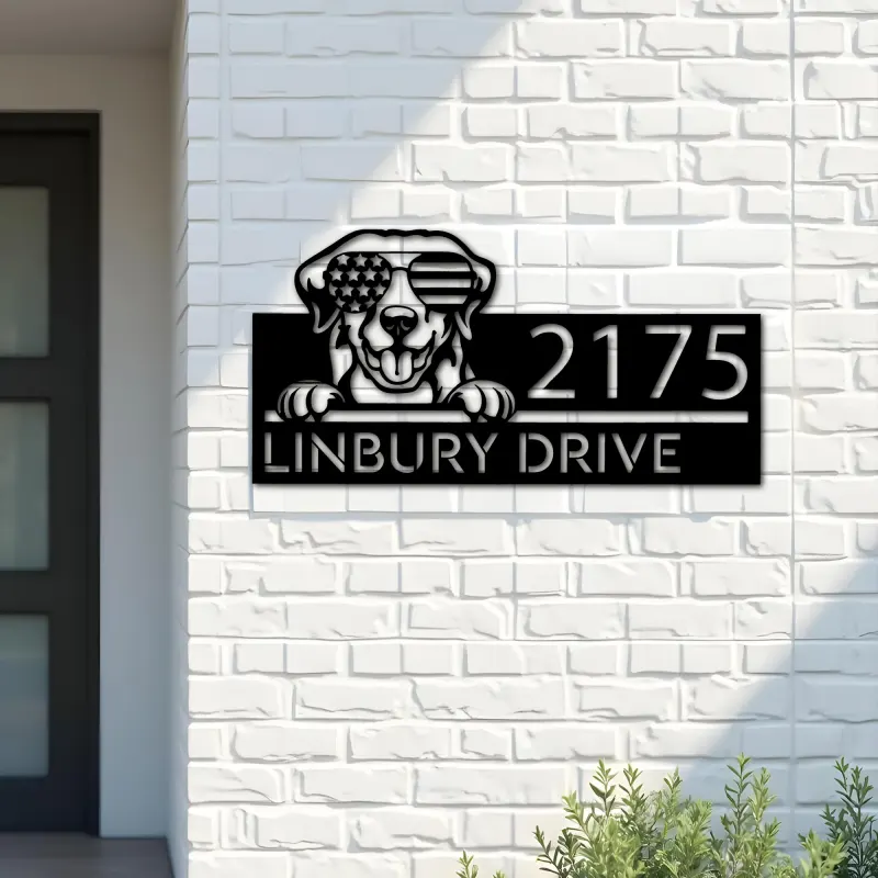 Custom Metal Golden Retriever dog US glasses Metal Address Sign House number Hanging Address Plaque Yard Sign Outdoor decor
