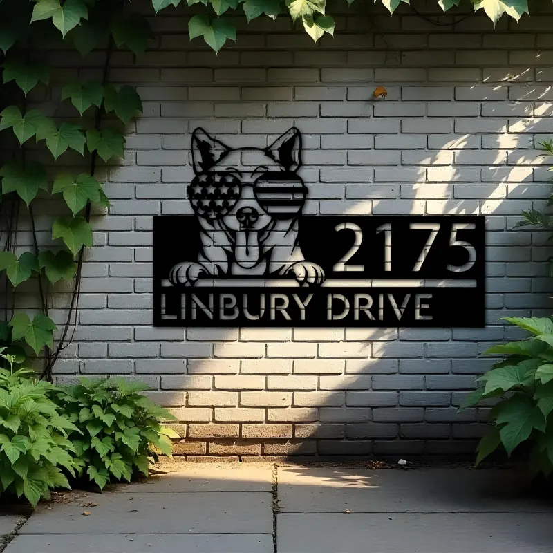 Custom Metal Shiba Inu dog US flag glasses Metal Address Sign House number Hanging Address Plaque Yard Sign Outdoor decor