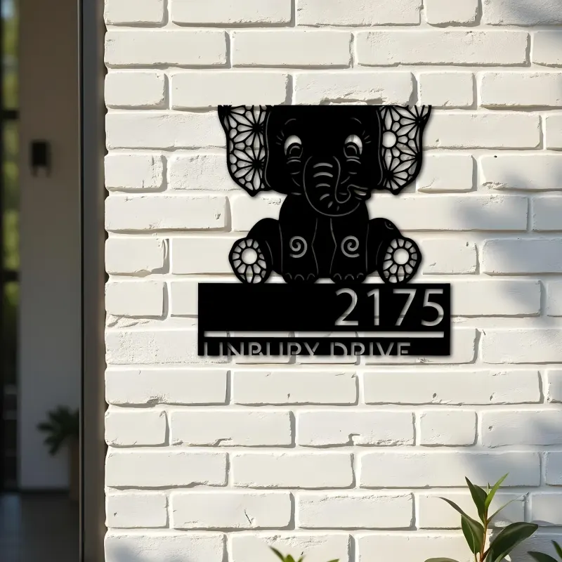 Custom Metal Cute Baby elephant Metal Address Sign, House number, Outdoor Number Signage, Yard Sign Address Plate