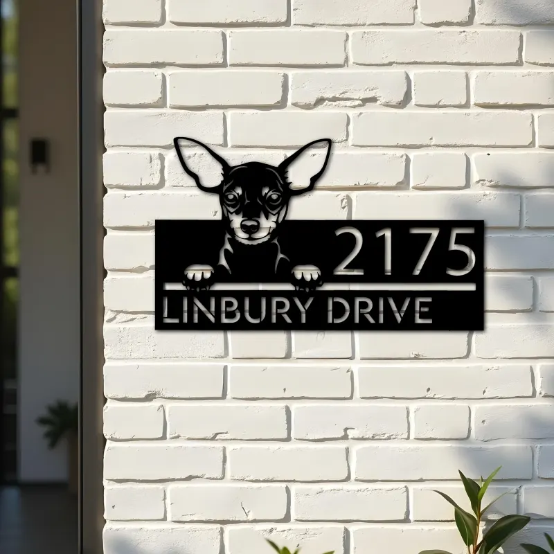 Custom Metal Miniature pinscher dog cute puppy Metal Address Sign House number Hanging Address Plaque Yard Sign Outdoor decor