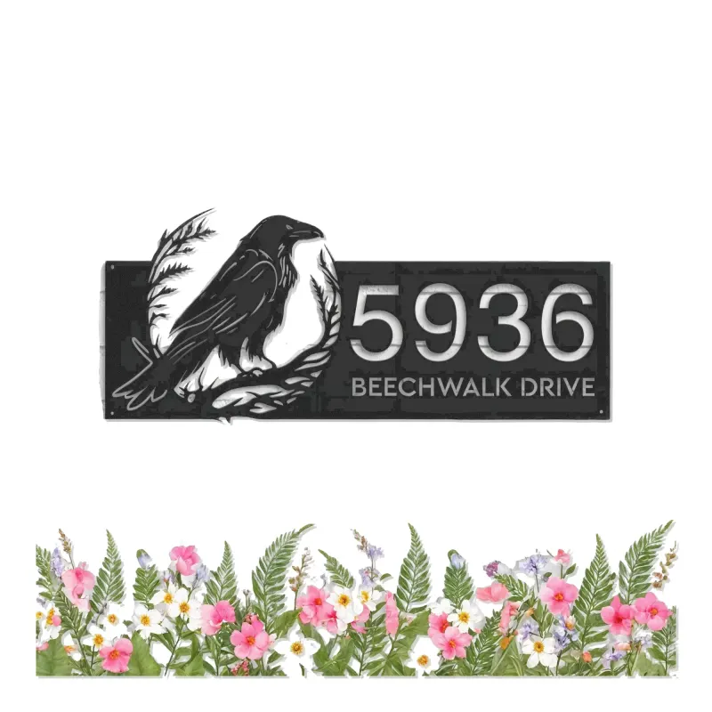 Custom Metal Crow Raven Metal Address Sign, House number, Outdoor Number Signage, Yard Sign Address Plate