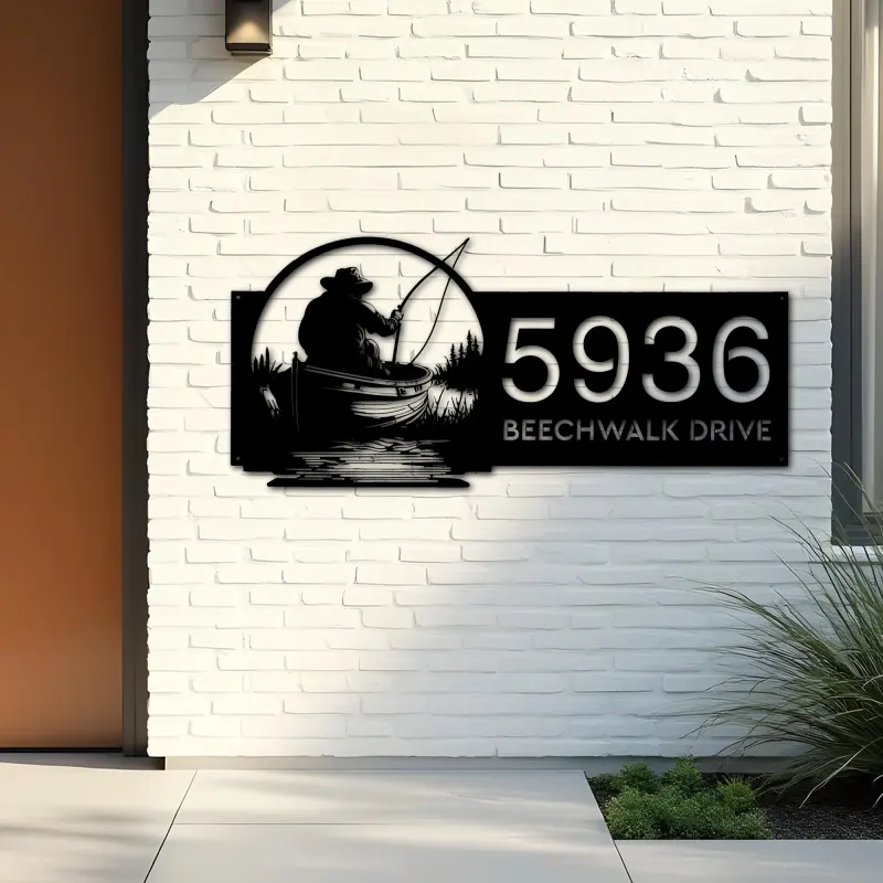 Custom Metal Fisherman in boat fishing Metal Address Sign, House number, Outdoor Number Signage, Yard Sign Address Plate