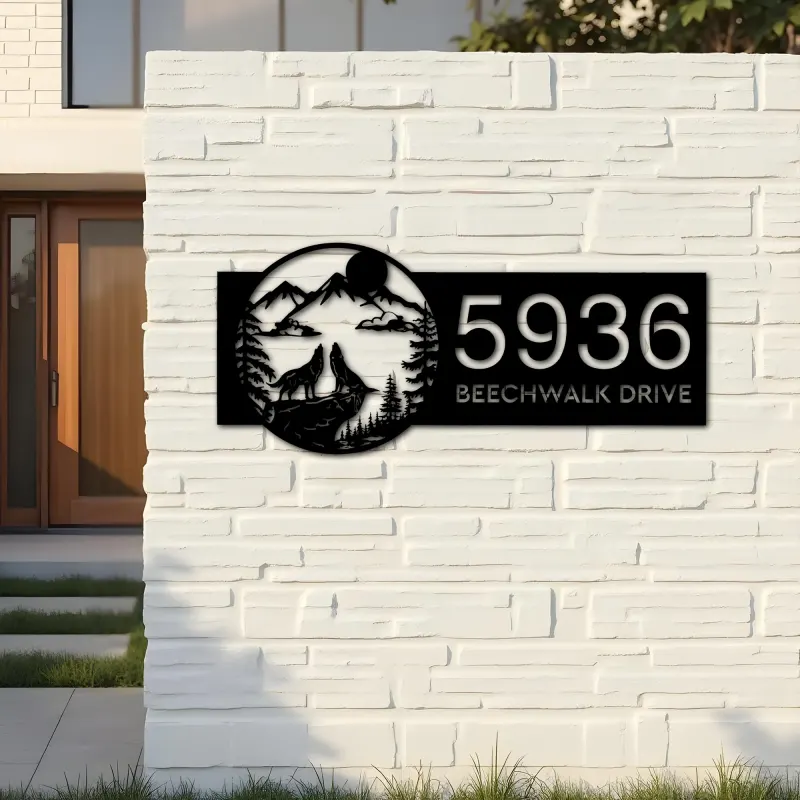Custom Metal Howling Wolves on Cliff Mountains Metal Address Sign Custom House number Hanging Address Plaque Yard Sign Outdoor