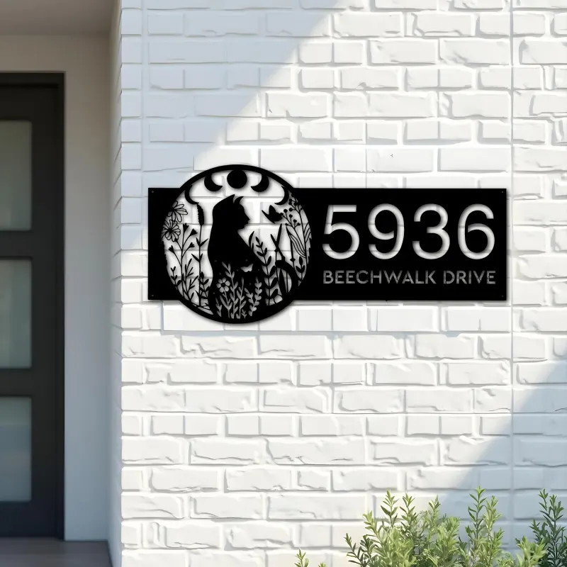Custom Metal Floral cat moon phases Metal Address Sign, House number, Outdoor Number Signage, Yard Sign Address Plate