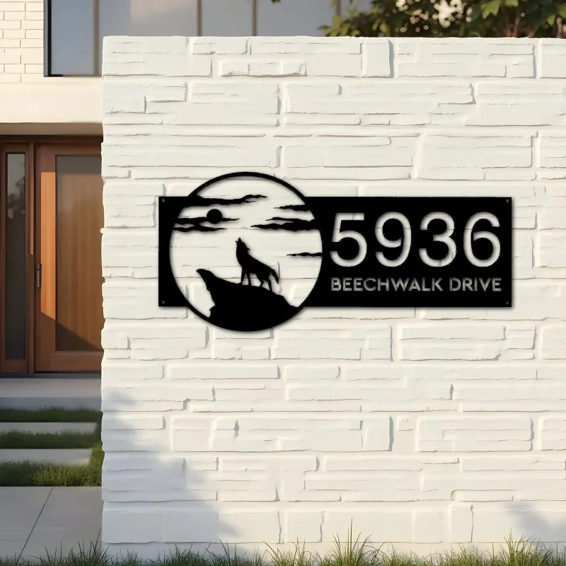 Custom Metal Wolf howling full moon wild animal Metal Address Sign, House number, Outdoor Number Signage, Yard Sign Address Plate