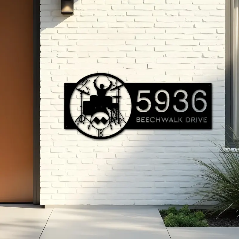 Custom Metal Drummer Drum kit music notes Metal Address Sign Custom House number Hanging Address Plaque Yard Sign Outdoor Sign