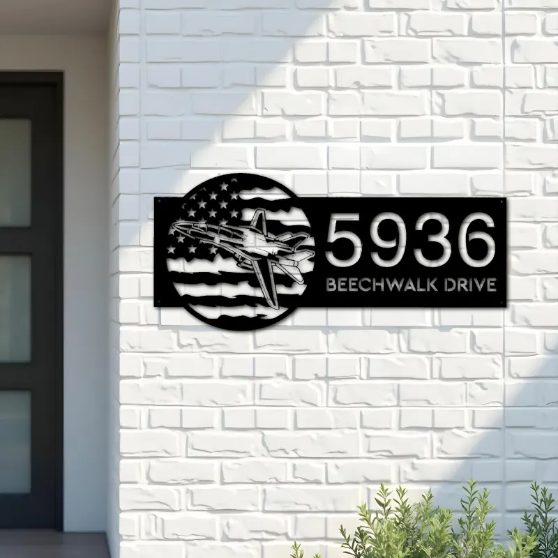 Custom Metal Tomcat Fighter Jet airplane US flag Metal Address Sign House number Hanging Address Plaque Yard Sign Outdoor
