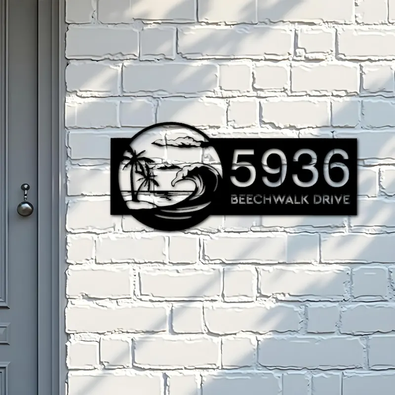 Custom Metal Waves palm tree Metal Address Sign, House number, Outdoor Number Signage, Yard Sign Address Plate