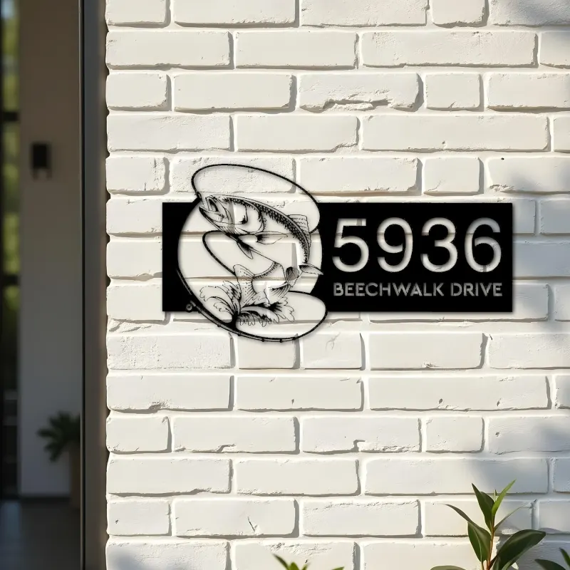 Custom Metal Trout fishing rod bait hook Metal Address Sign, House number, Outdoor Number Signage, Yard Sign Address Plate