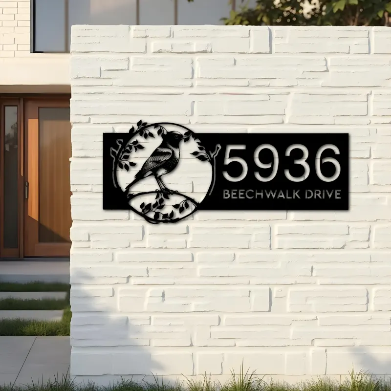 Custom Metal Robin Bird on floral wrealth Metal Address Sign, House number, Outdoor Number Signage, Yard Sign Address Plate