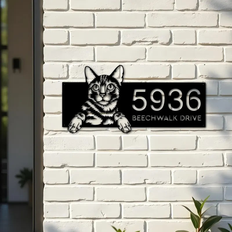 Custom Metal Bengal Cute peeking cat kitten Metal Address Sign, House number, Outdoor Number Signage, Yard Sign Address Plate