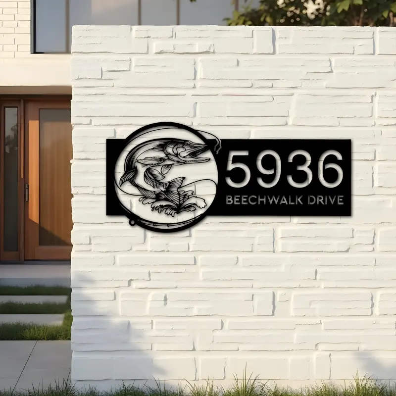 Custom Metal Pike fishing rod bait hook Metal Address Sign, House number, Outdoor Number Signage, Yard Sign Address Plate