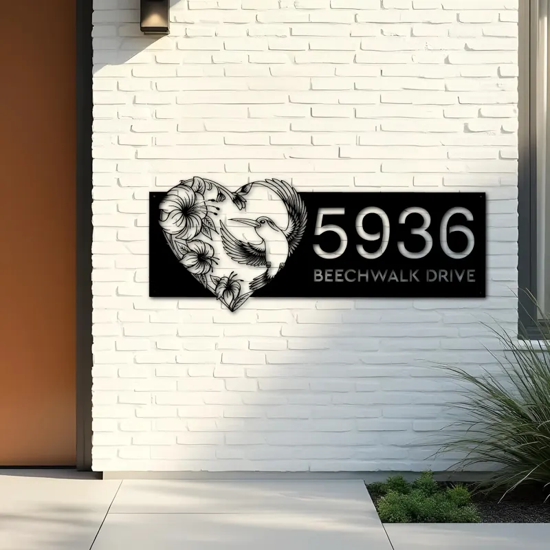 Custom Metal Hummingbird flowers heart shape Metal Address Sign, House number, Outdoor Number Signage, Yard Sign Address Plate
