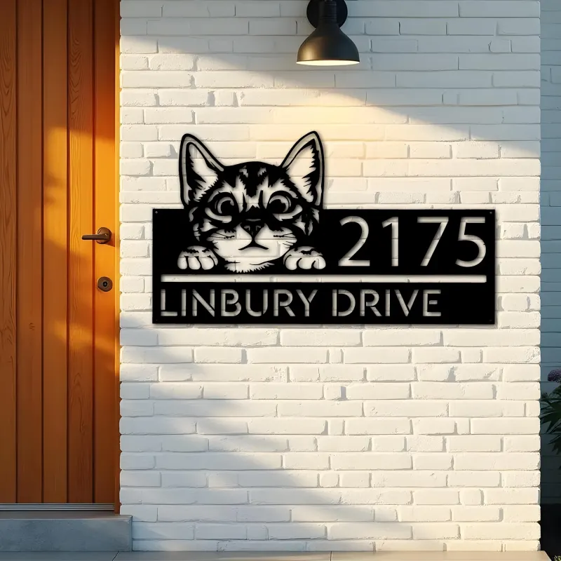 Custom Metal Cute peeking cat kitten pet Metal Address Sign, House number, Outdoor Number Signage, Yard Sign Address Plate