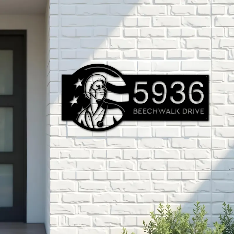 Custom Metal Nurse Looking Up USA Flag Metal Address Sign, House number, Outdoor Number Signage, Yard Sign Address Plate
