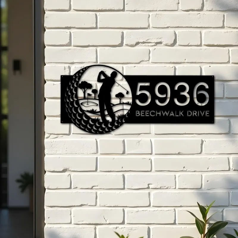 Custom Metal Golfer Golf Club Metal Address Sign, House number, Outdoor Number Signage, Yard Sign Address Plate