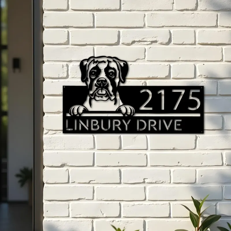 Custom Metal Boxer dog cute puppy Metal Address Sign House number Hanging Address Plaque Yard Sign Outdoor decor