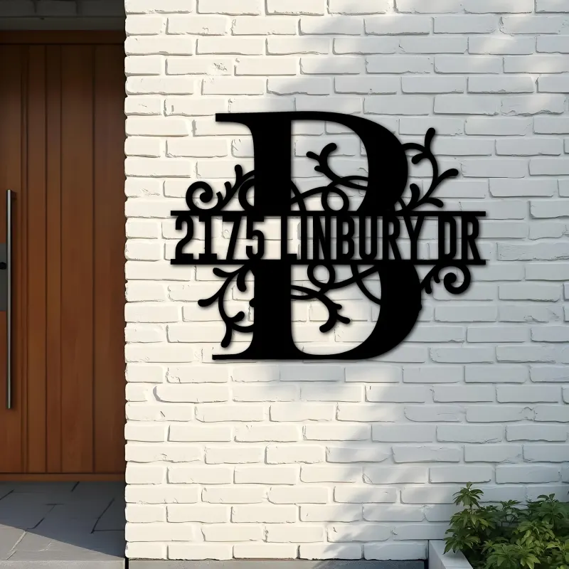 Custom Metal Floral Monogram Split Letter B Metal Address Sign House number Hanging Address Plaque Yard Sign Outdoor decor