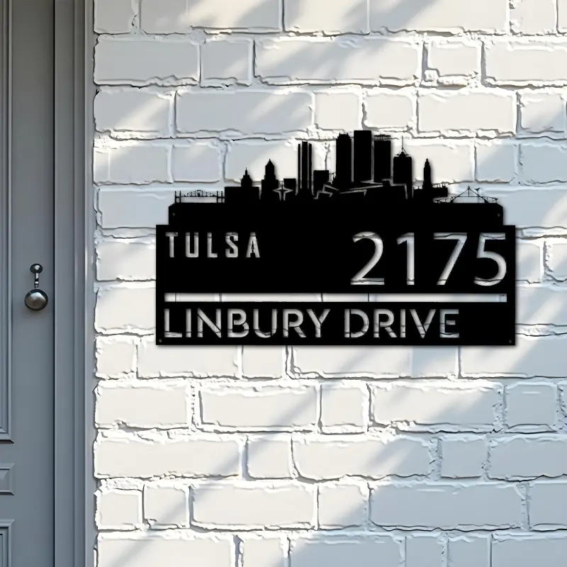 Custom Metal Tulsa city skyline Metal Address Sign Hanging Address Plaque house number Yard Outdoor Sign