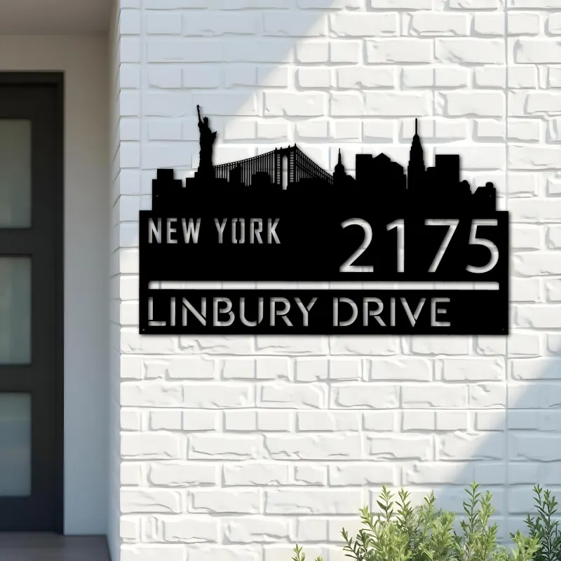 Custom Metal New York city skyline Metal Address Sign Hanging Address Plaque house number Yard Outdoor Sign