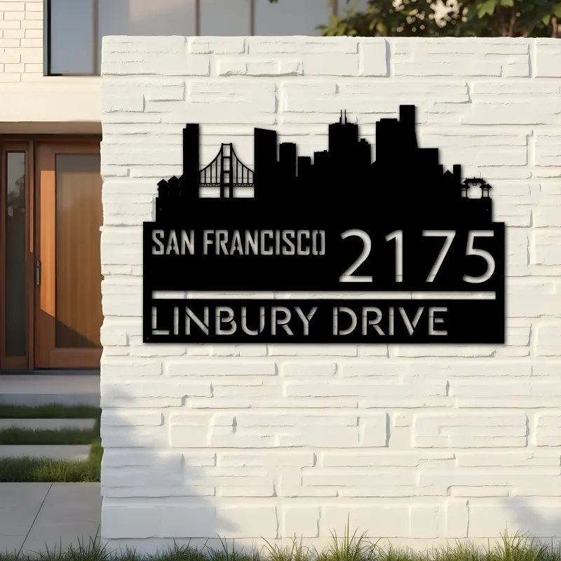 Custom Metal San Francisco city skyline Metal Address Sign Hanging Address Plaque house number Yard Outdoor Sign
