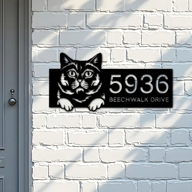 Custom Metal British shorthair Cute peeking cat Metal Address Sign, House number, Outdoor Number Signage, Yard Sign Address Plate