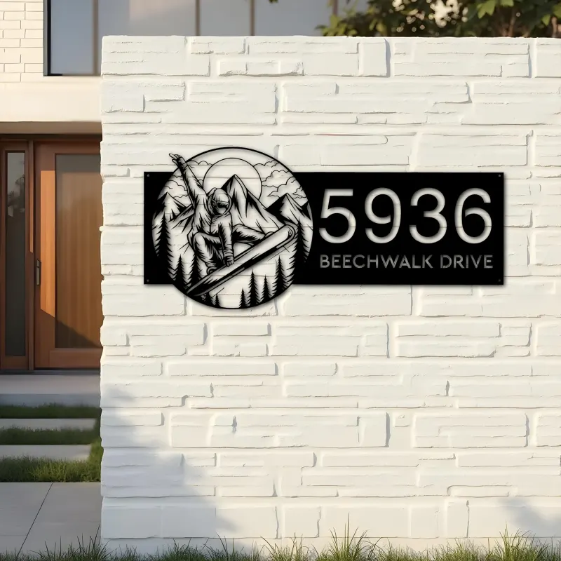 Custom Metal Snowboard Snowboarder winter sport Metal Address Sign, House number, Outdoor Number Signage, Yard Sign Address Plate