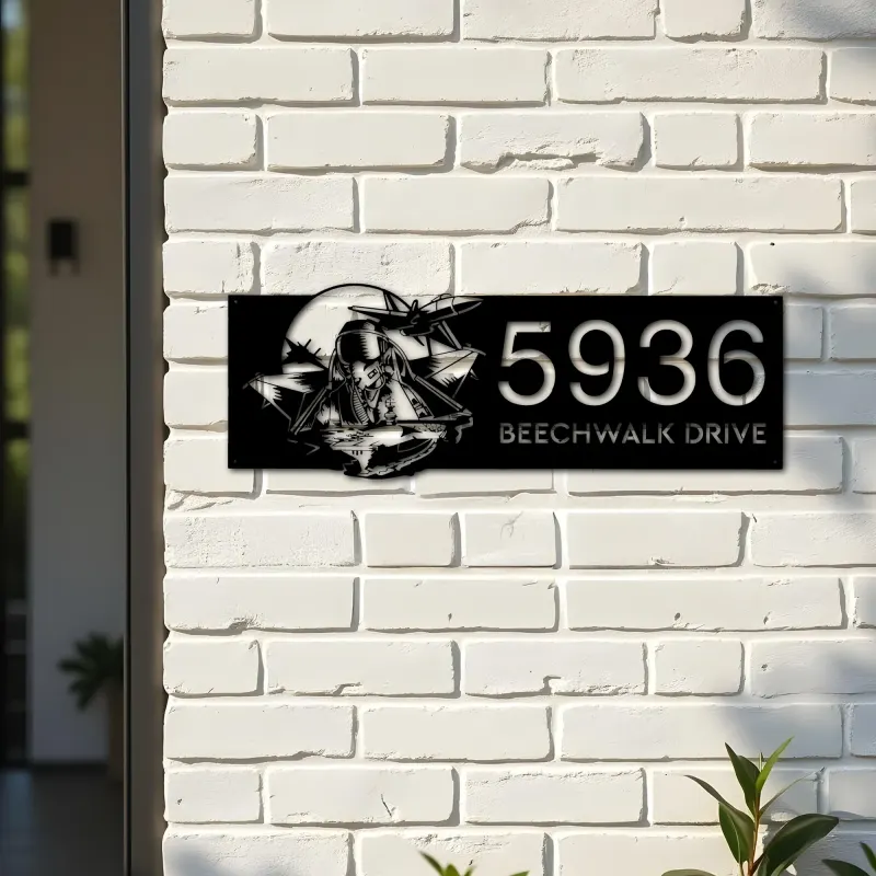 Custom Metal Fighter Pilot Aircraft Carrier Metal Address Sign House number Hanging Address Plaque Yard Sign Outdoor