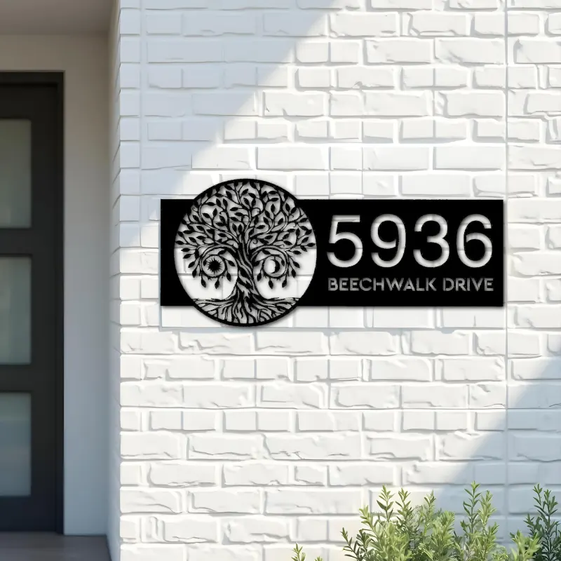 Custom Metal Tree of Life with Sun and Moon Metal Address Sign Custom House number Hanging Address Plaque Yard Sign Outdoor