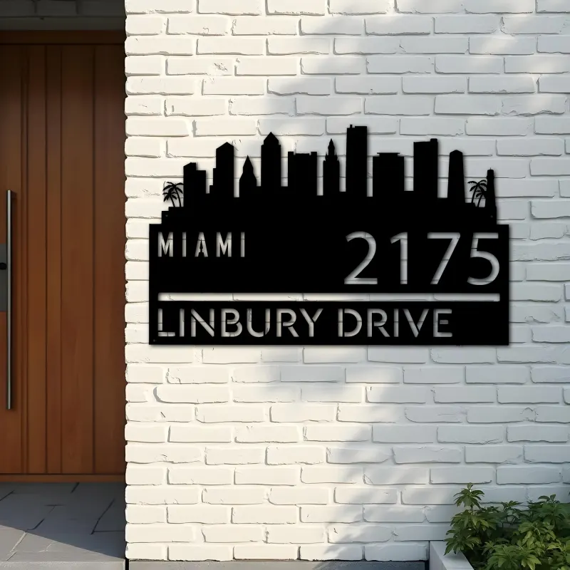 Custom Metal Miami city skyline Metal Address Sign Hanging Address Plaque house number Yard Outdoor Sign