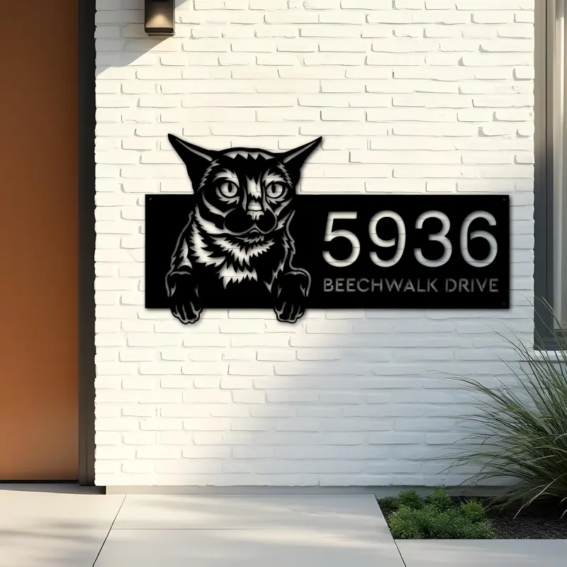 Custom Metal Burma Cute peeking cat kitten Metal Address Sign, House number, Outdoor Number Signage, Yard Sign Address Plate