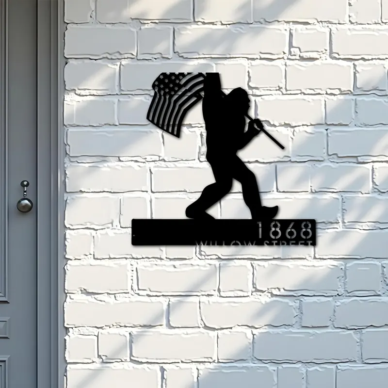 Custom Metal Bigfoot Sasquatch With US Flag Metal Address Sign Custom Hanging Address Plaque Yard Sign Outdoor Sign