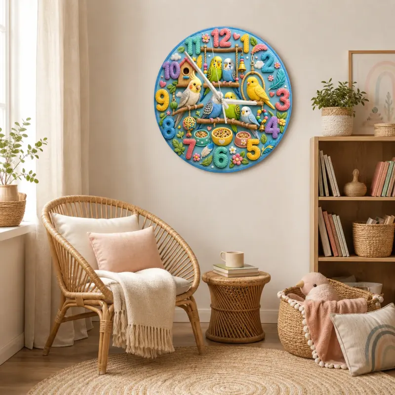 Playful Pet Birds and Parakeets Kids Room Wall Clock