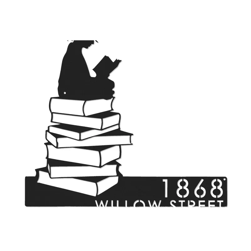 Custom Metal Girl Reading Book Book Lover Metal Address Sign, House number, Outdoor Number Signage, Yard Sign Address Plate