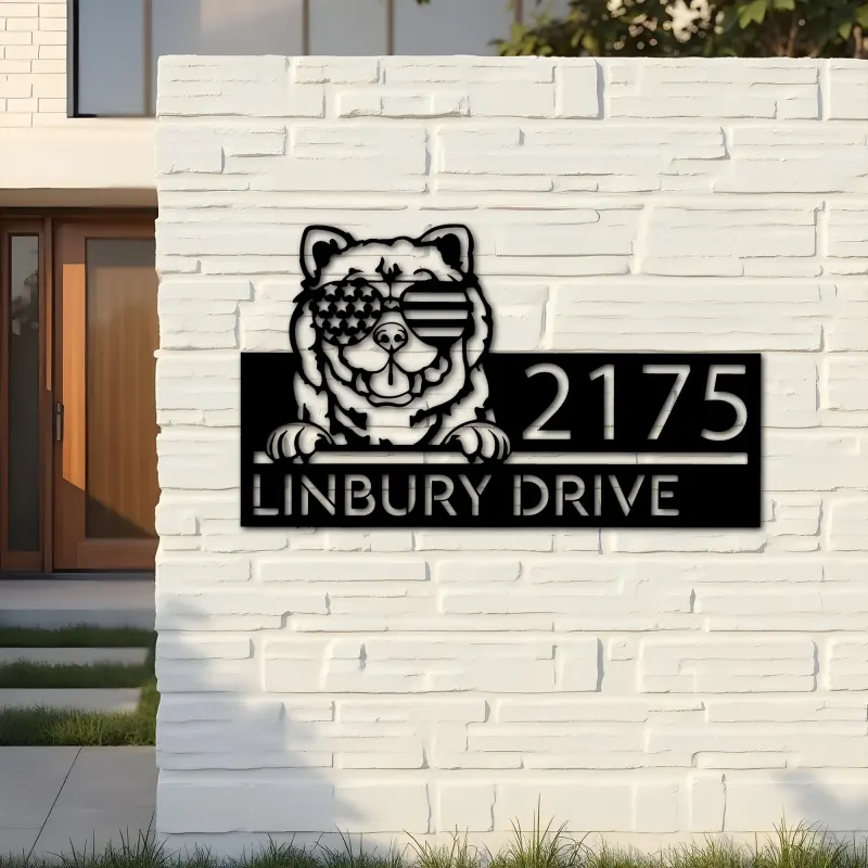 Custom Metal Chow chow dog US flag glasses Metal Address Sign House number Hanging Address Plaque Yard Sign Outdoor decor