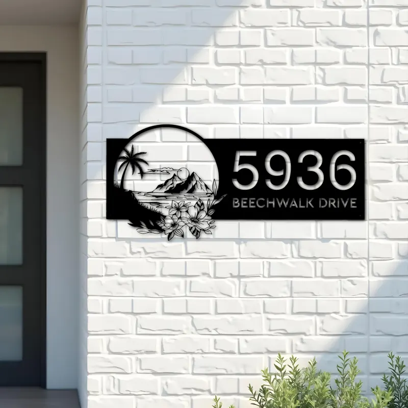 Custom Metal Floral tropical Beach island scene Metal Address Sign, House number, Outdoor Number Signage, Yard Sign Address Plate